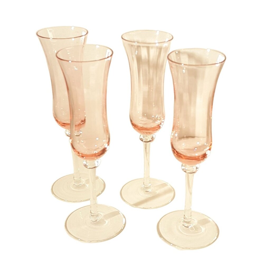Vintage 4 Pink Optic Fluted Champagne Glass Clear Stems Vintage
